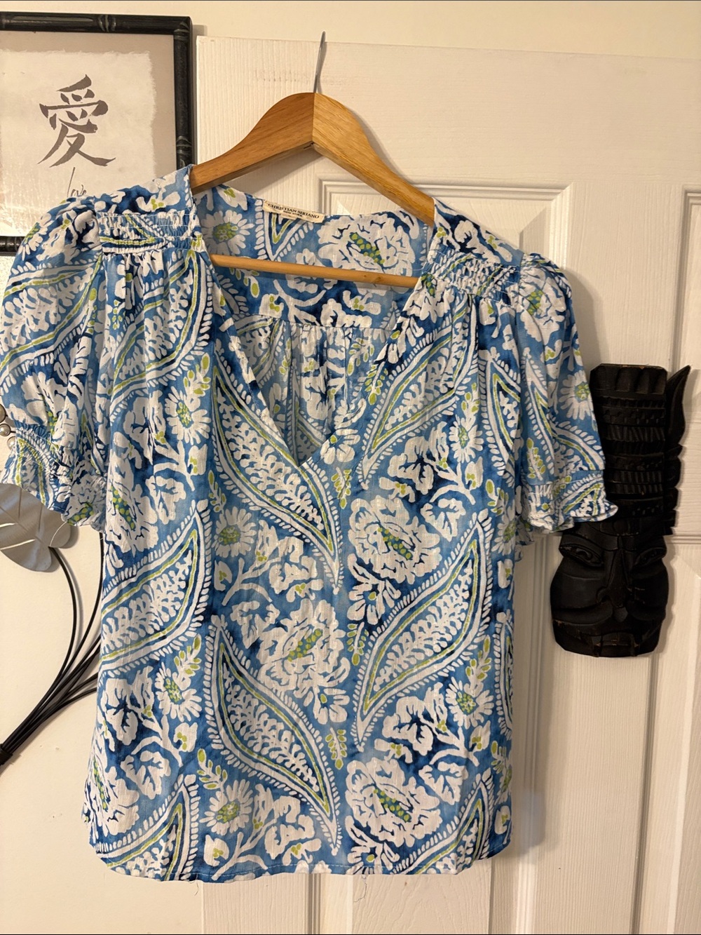 Christian Siriano Blue Floral Paisley Puff Sleeve Blouse